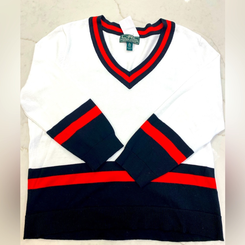 Ralph Lauren Ladies V-Neck, Quarter Sleeve w/ Navy Red accent trim